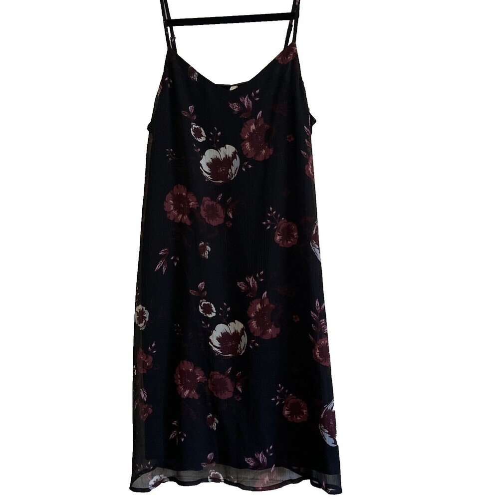 Mudd Summer Slip Dress Women’s M Black Burgundy Crinkle Cami Lined Coquette Boho